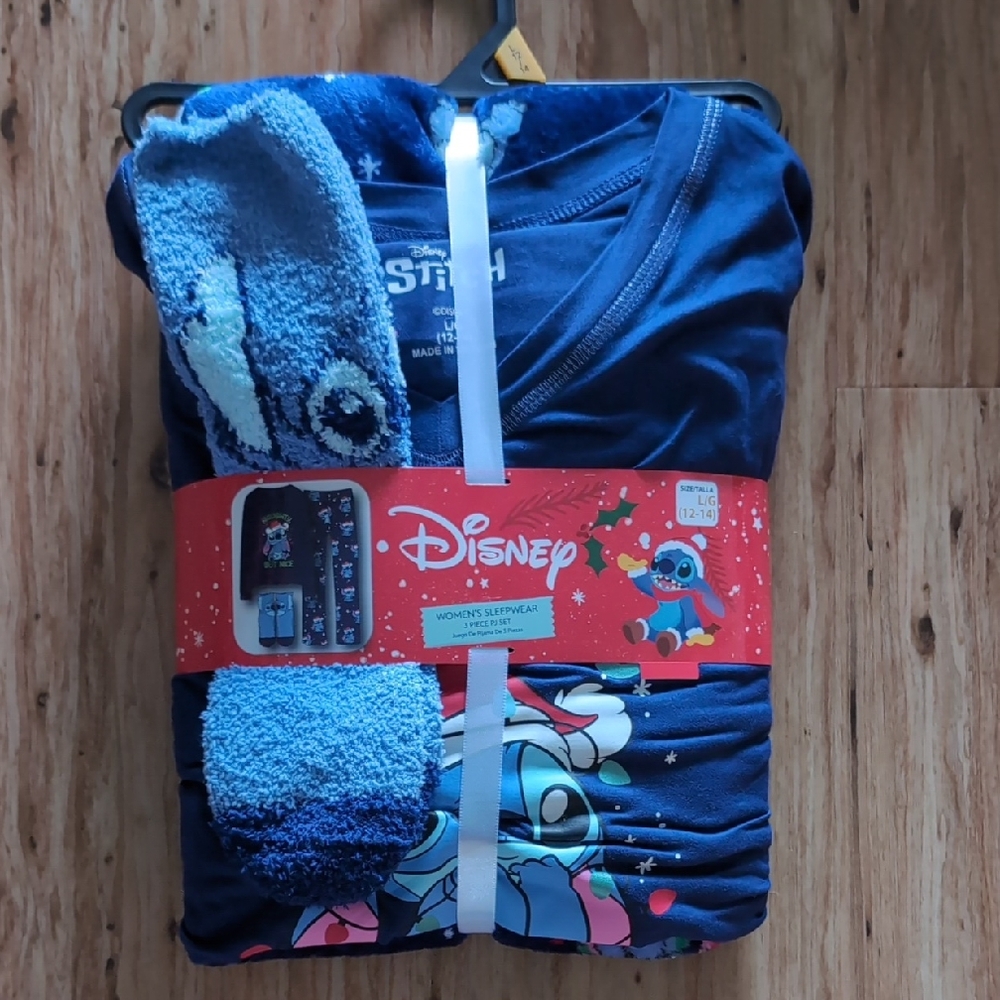 Disney Stitch Women's 3-Piece Pajama Set - Christmas. Navy/ Light Blue. Sz.Lg